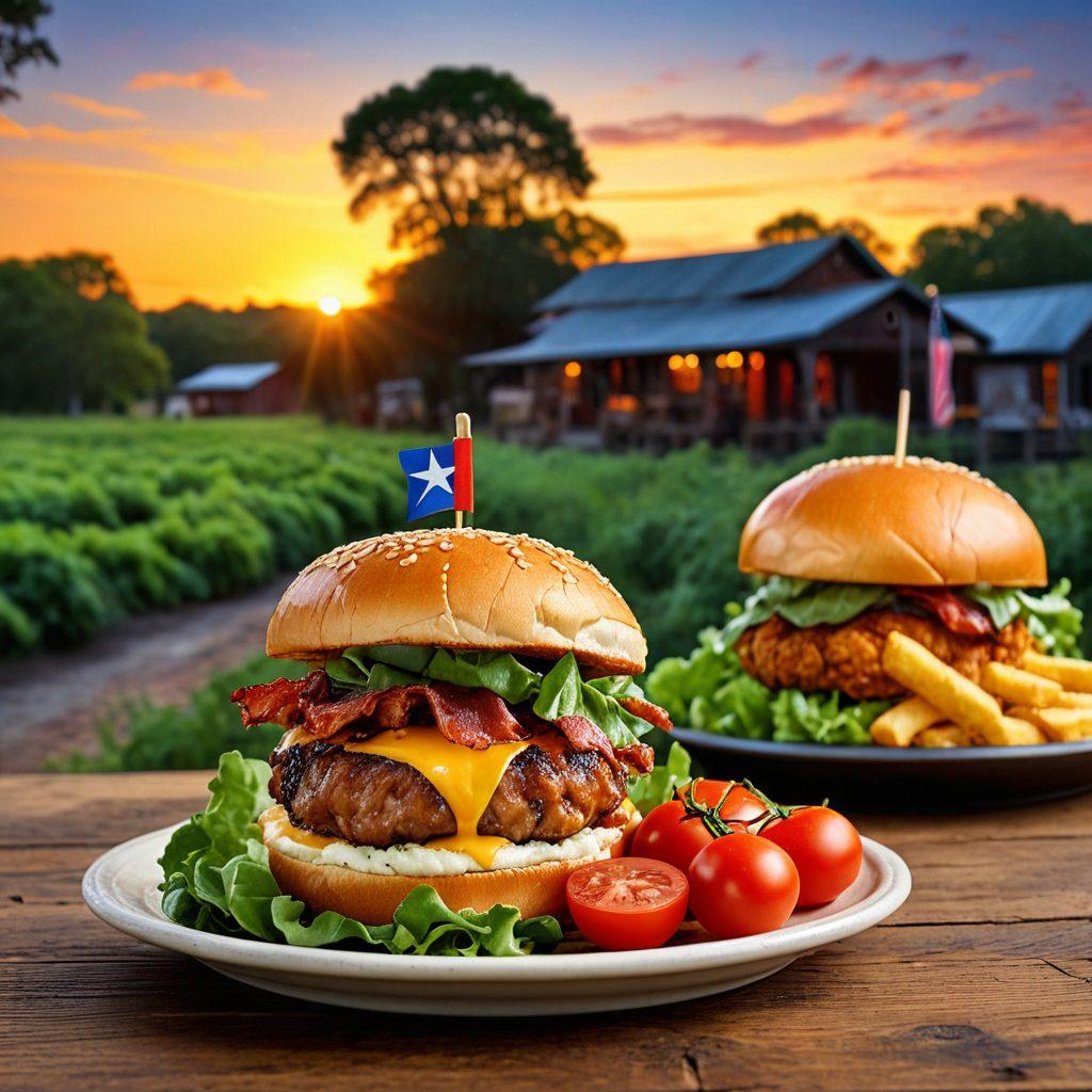 A vibrant food scene showcasing a gourmet burger stacked high with fresh ingredients, accompanied by a traditional southern dish like fried chicken or collard greens, set against a rustic Texas backdrop. Include elements like a Texas flag and a wooden table for authenticity, with a sunset sky to enhance the atmosphere. super-realistic. vibrant colors. warm lighting.