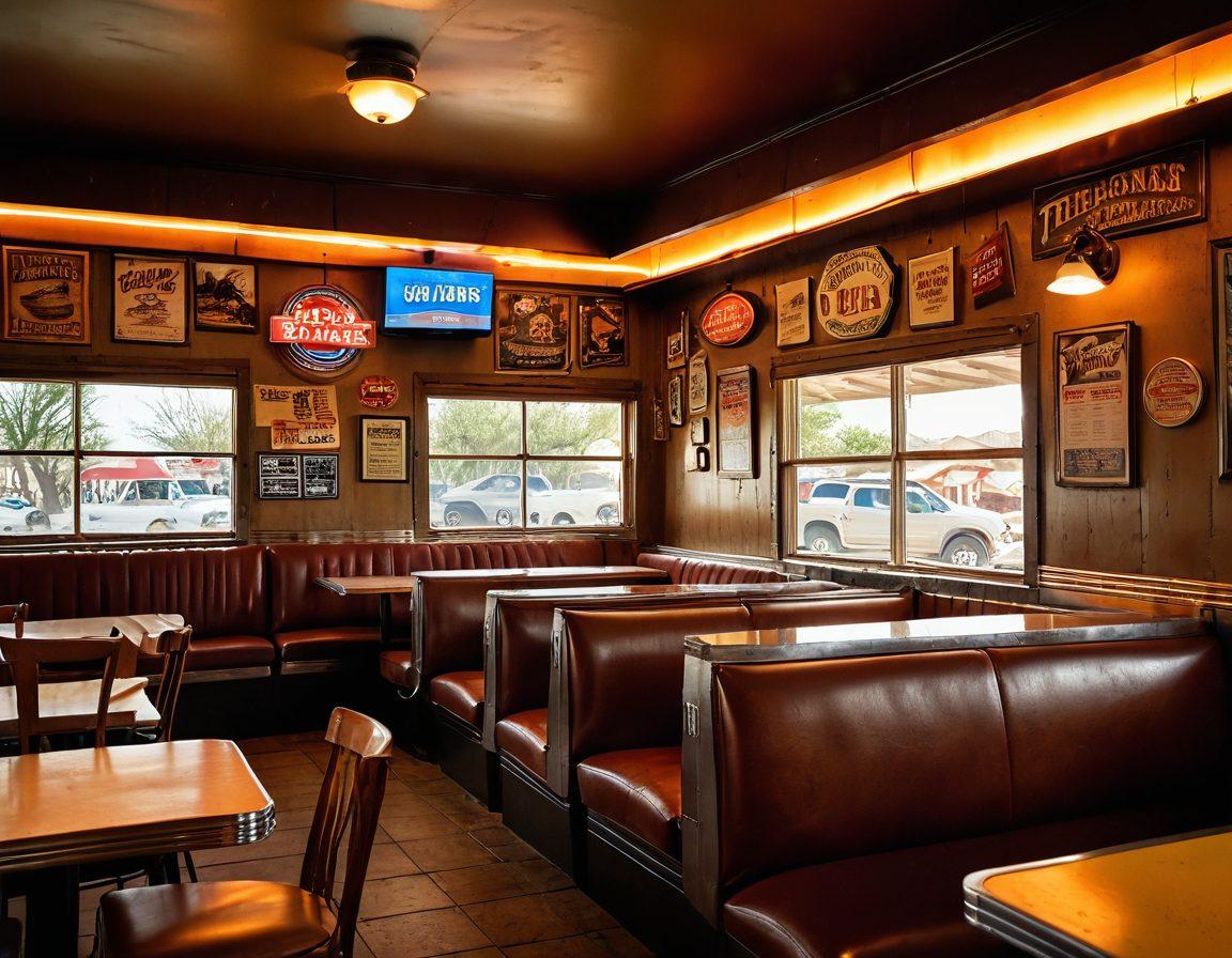 A rustic Texas diner scene showcasing a mouth-watering country-style burger, topped with fresh ingredients and accompanied by crispy fries. In the background, capture the warm ambiance with vintage Texas signs and cowboy memorabilia. Include a focus on rich, golden-brown tones and a hint of a sunset reflecting through the diner window. super-realistic. vibrant colors. country style.